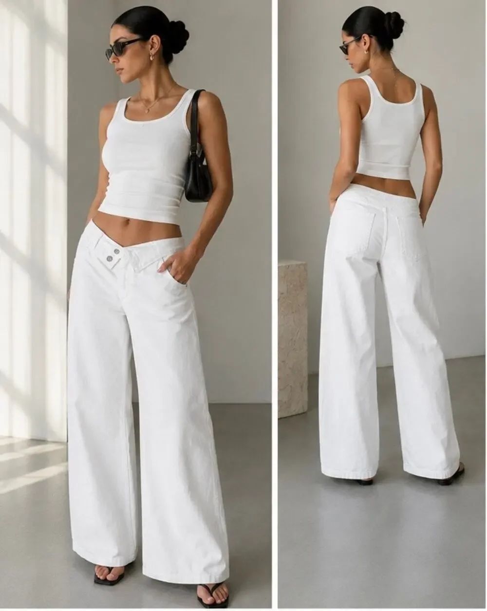 EB Denim White Asymmetric Fold Over Waist Wide Leg Jeans Size 27 Made USA